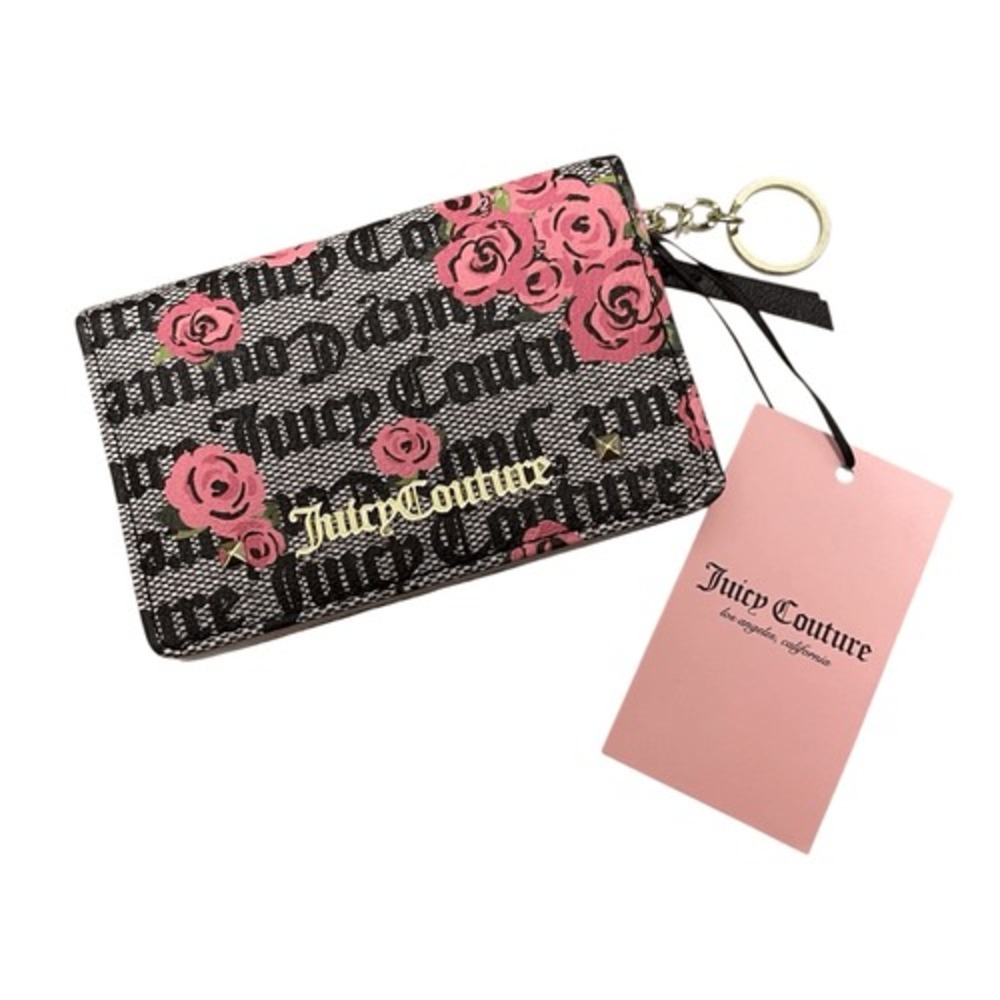 Juicy Couture Gothic Logo Rose Print Bifold Wallet Keyring Black Pink New